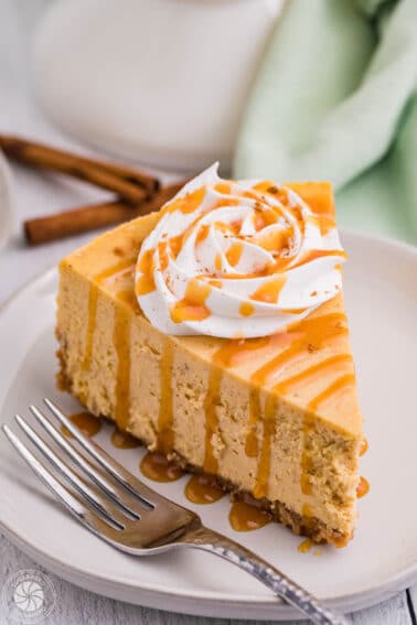 Slice of pumpkin spice cheesecake topped with whipped cream and cinnamon on a plate with a fork beside it.