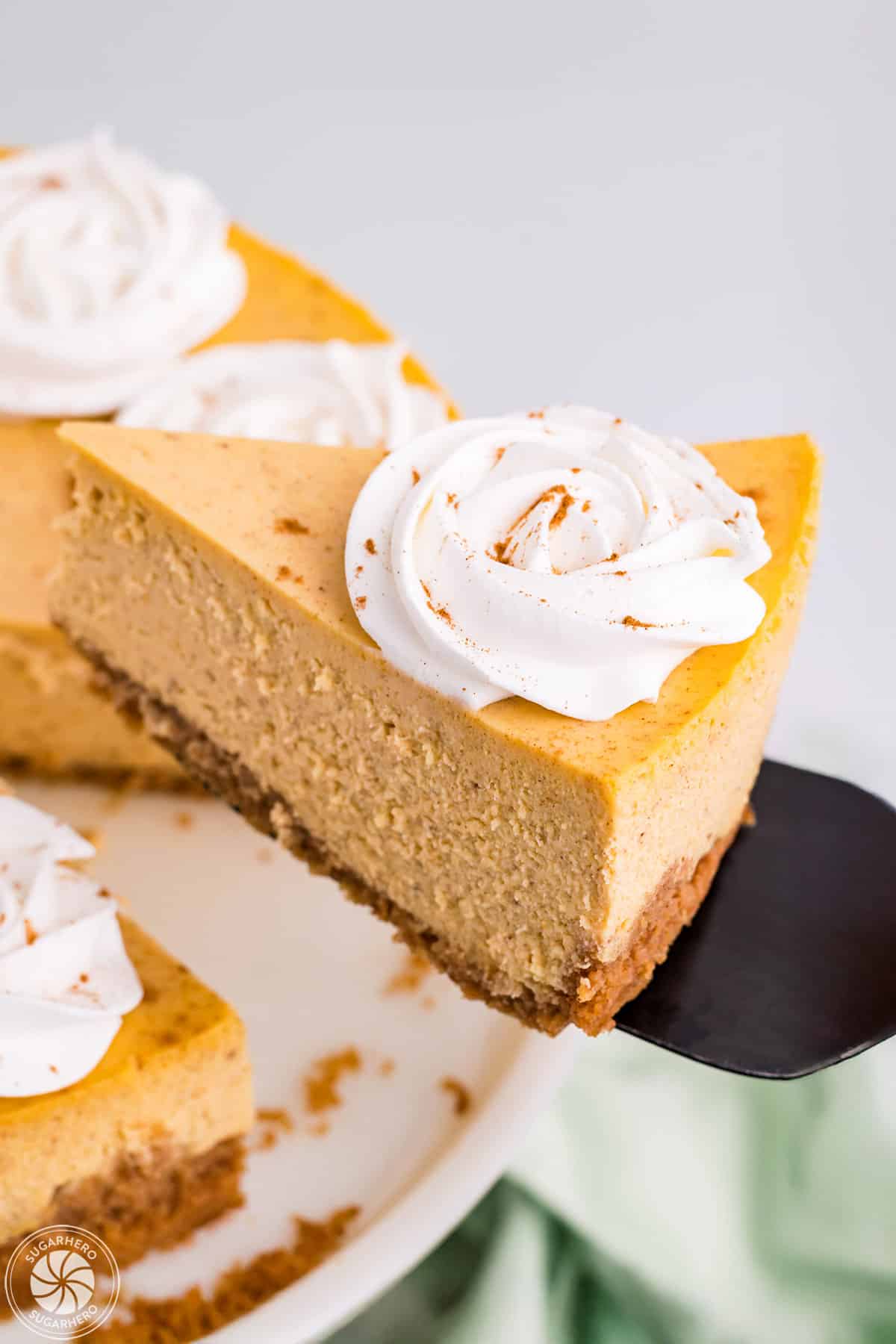 Slice of pumpkin spice cheesecake topped with a rosette of whipped cream and cinnamon on a serving knife.