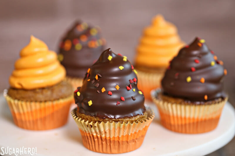5 Pumpkin Spice Hi-Hat Cupcakes on a white tray.