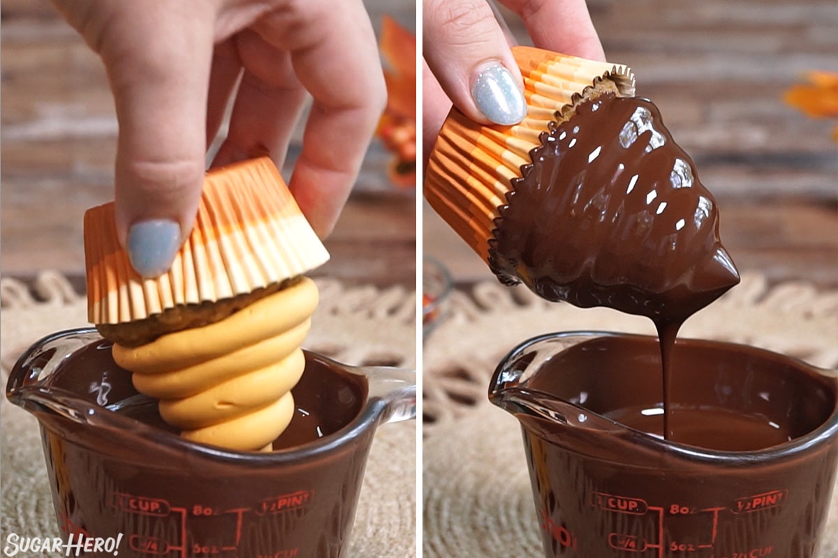 2 photo process picture of making Pumpkin Spice Hi-Hat Cupcakes by holding a chilled cupcake, dunking it in the chocolate glaze, and letting the excess glaze drip back into the cup.