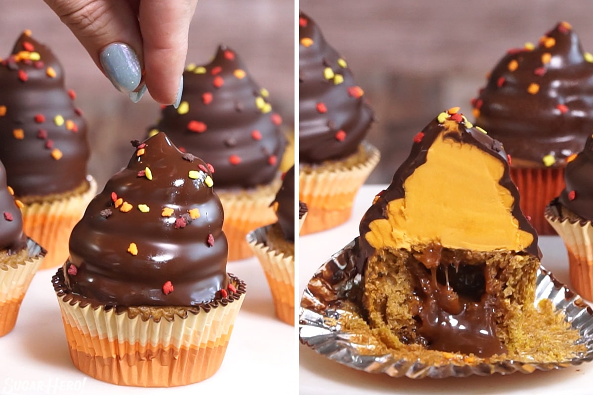 2 photo process picture of making Pumpkin Spice Hi-Hat Cupcakes by adding sprinkles to the top of the wet glaze and then eating the cupcake.