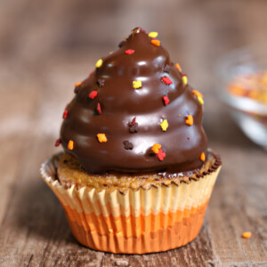 Close up of the top of a Pumpkin Spice Hi-Hat Cupcake.