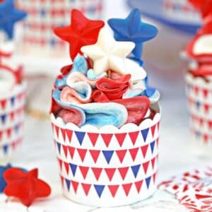 Close up of a Red, White and Blue Cupcake.
