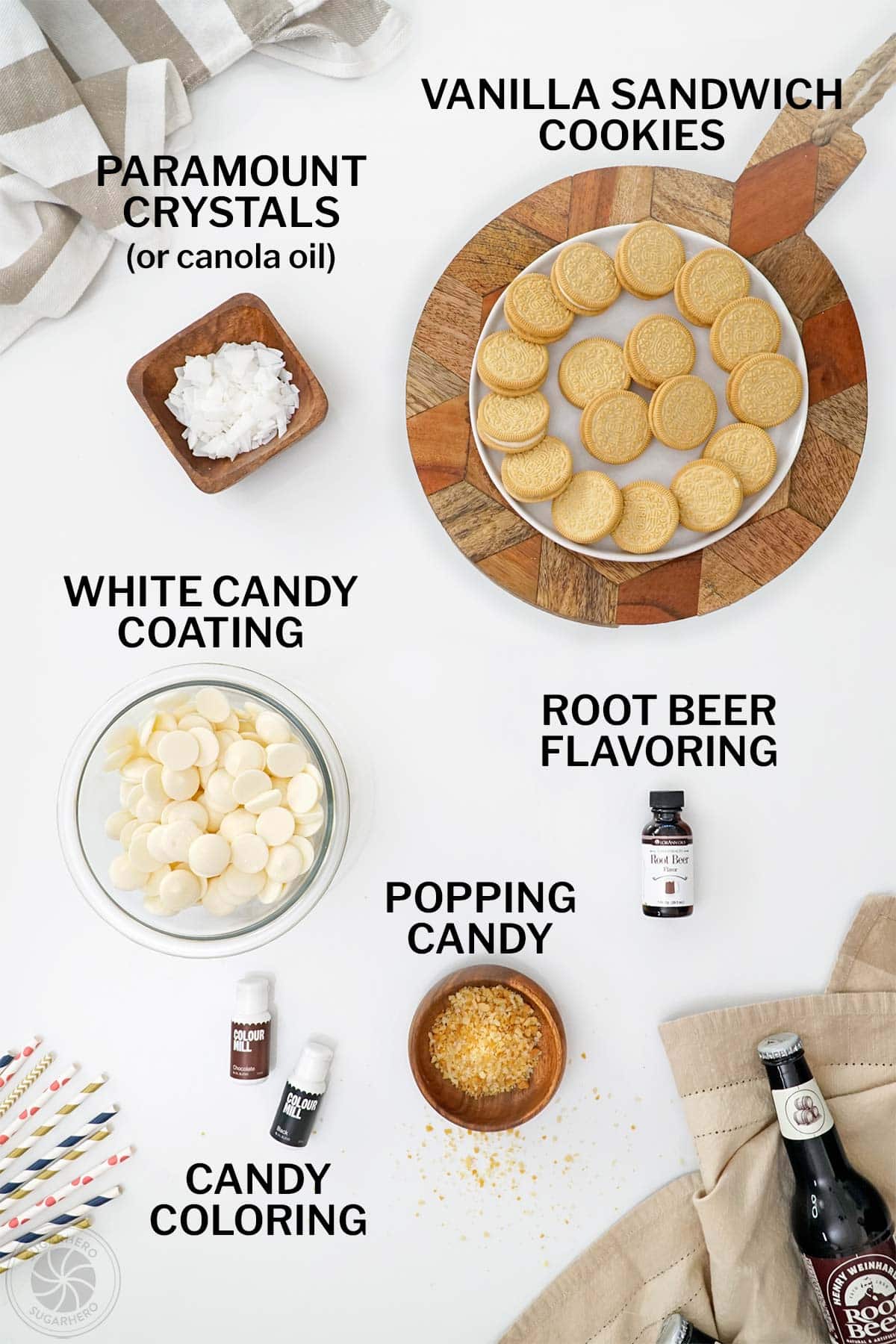 Overhead shot of ingredients needed to make Root Beer Float Pieces.