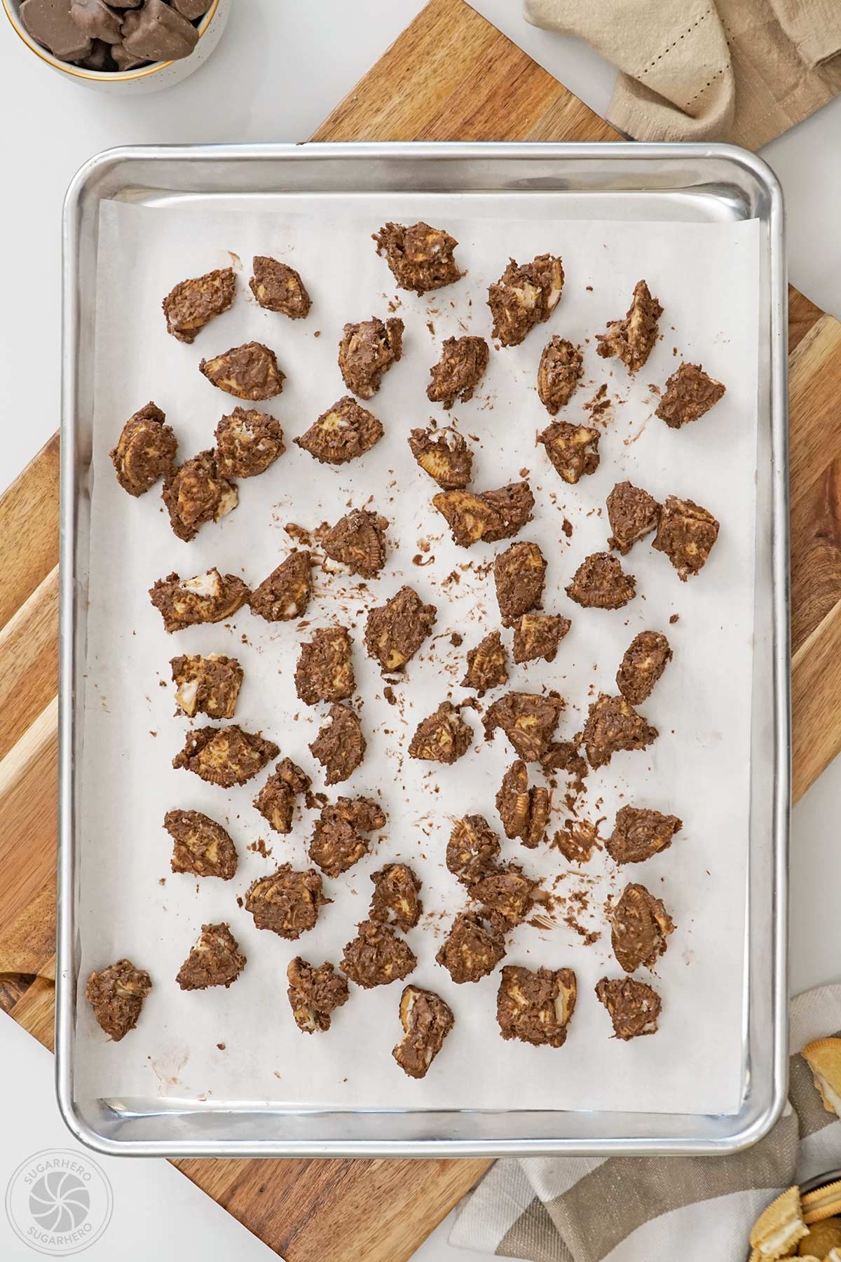 Tray of Root Beer Float Pieces spread out on a baking sheet.