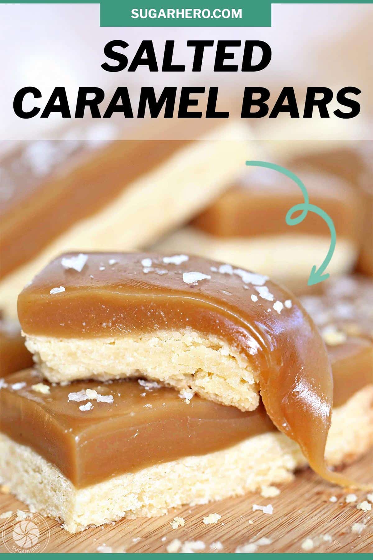 A photo of salted caramel bars with text overlay for Pinterest.