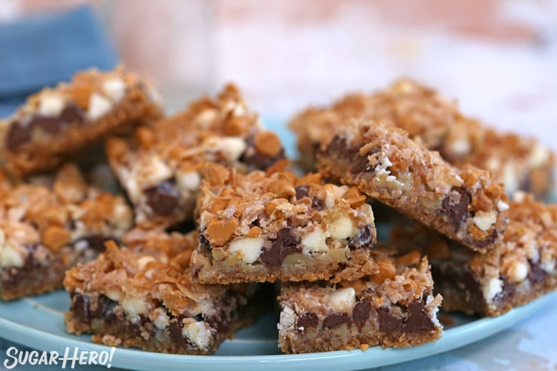Blue plate with Cookie Bars stacked on top