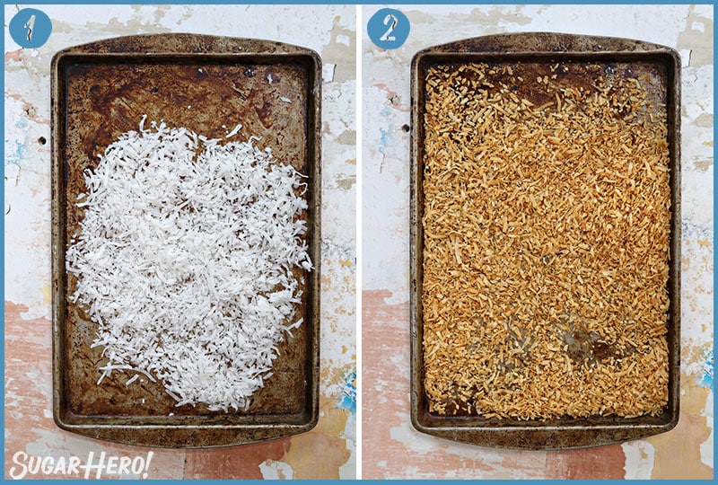 Two photo collage showing how to toast coconut