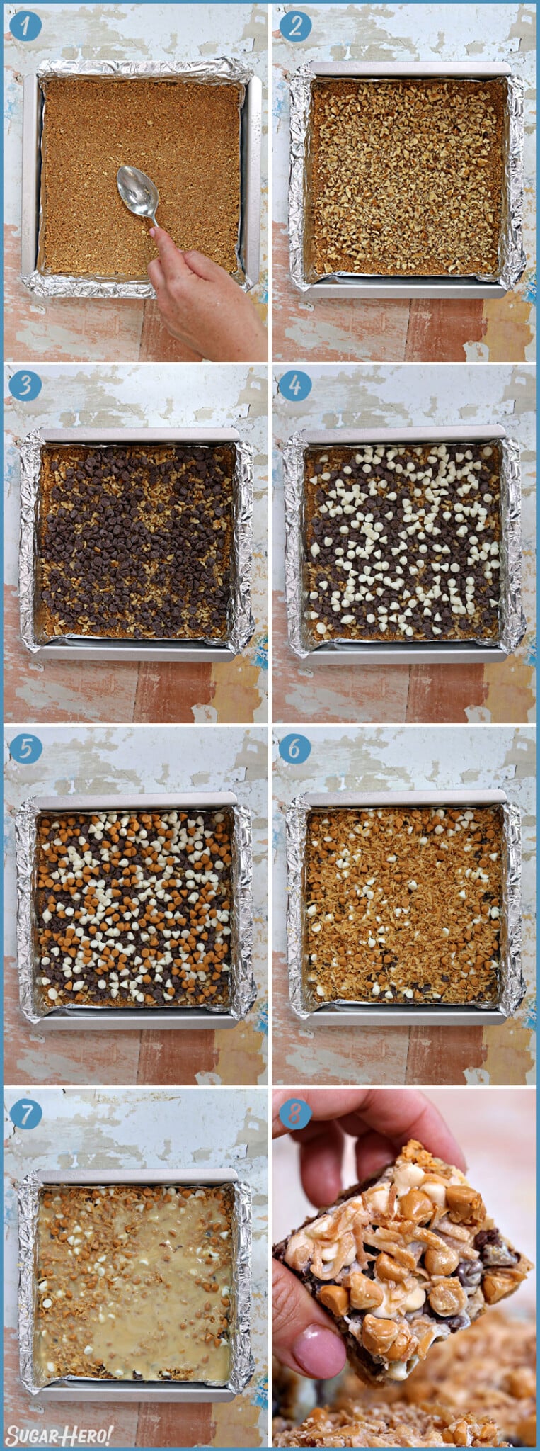 Eight photo collage showing how to assemble Seven Layer Cookie Bars