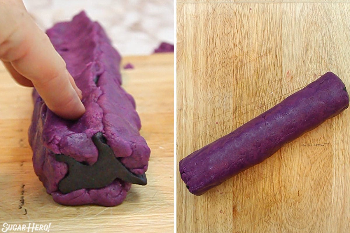 2 photo process picture of pressing the Slice and Bake Halloween Cookie dough around a black cat shape and then rolling the outside smooth to form a long circular roll shape.