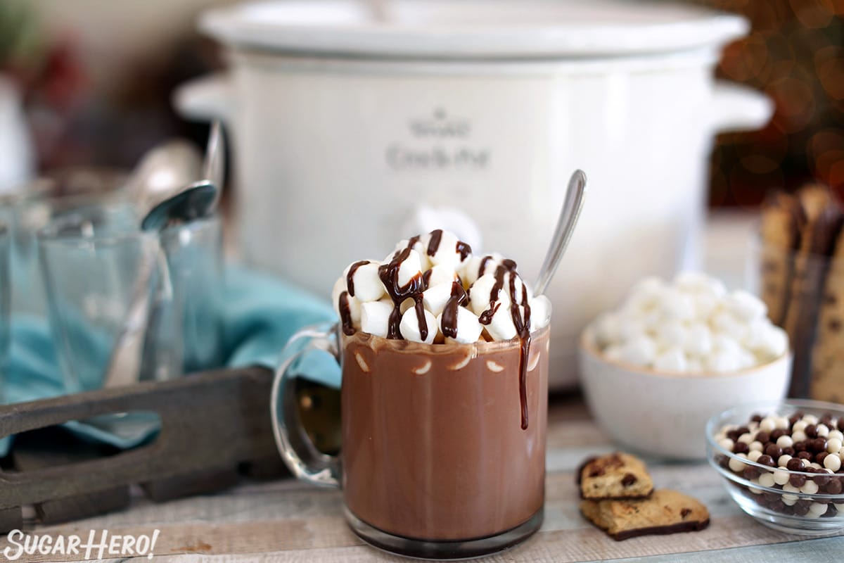 Slow Cooker Hot Chocolate with a slow cooker in the background