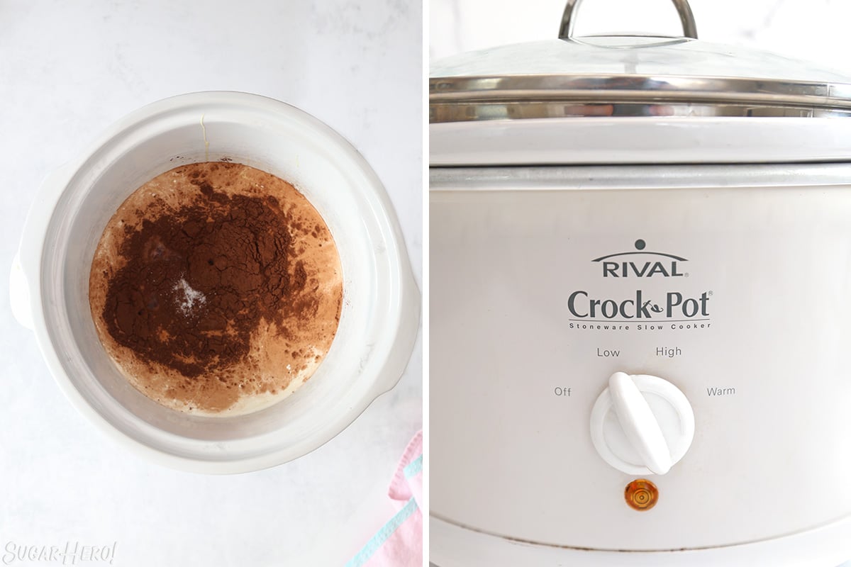 Two photo collage showing how to cook Slow Cooker Hot Chocolate.