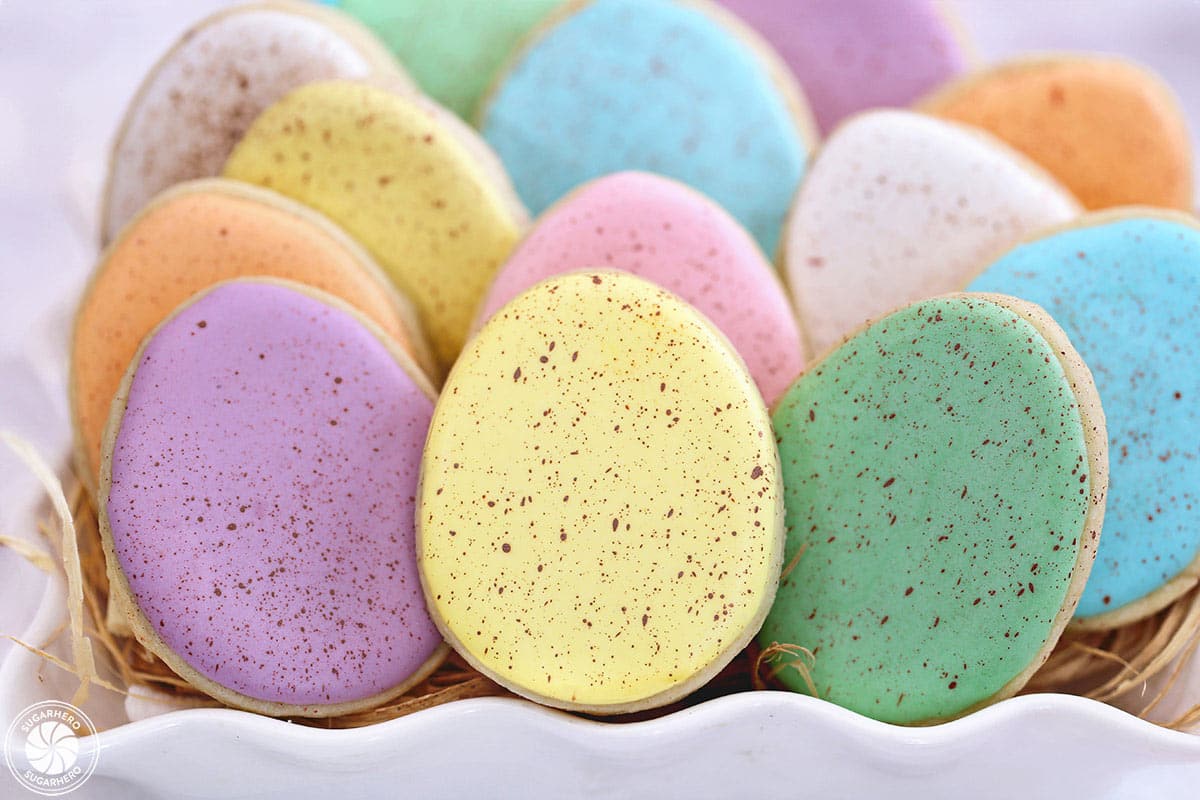 Close-up of pastel Speckled Easter Egg Sugar Cookies.