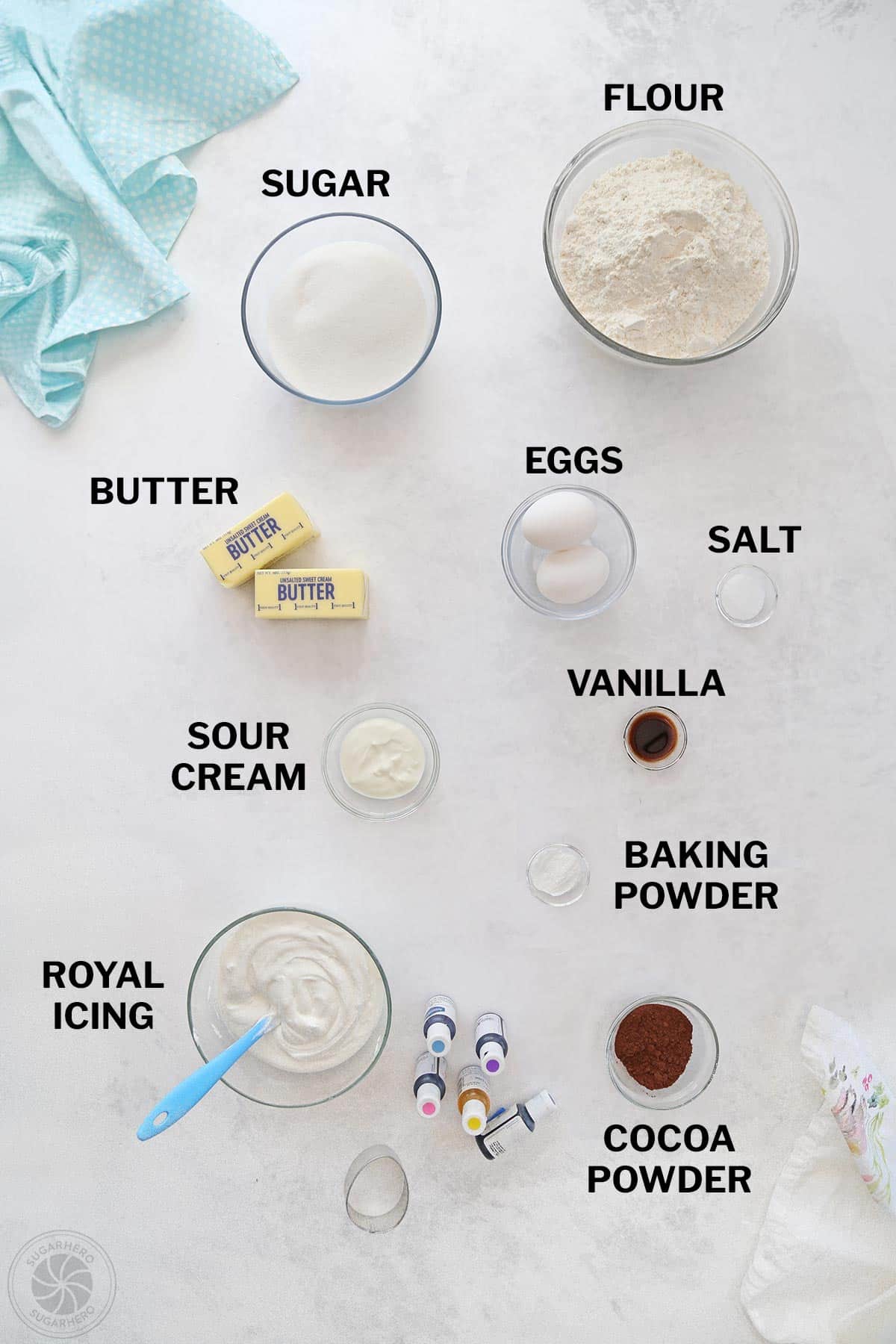 Overhead shot of ingredients needed to make Speckled Easter Egg Sugar Cookies.
