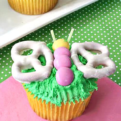Close up of a Spring Butterfly Cupcake for Easter Cupcake Round up.