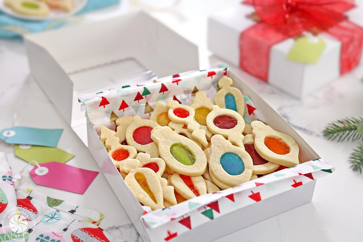 A box filled with Stained Glass Cookies.