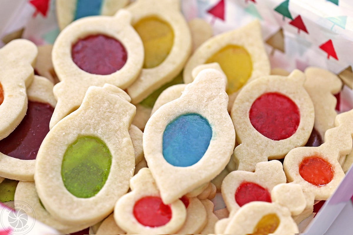 Close up of Stained Glass Cookies in a box.