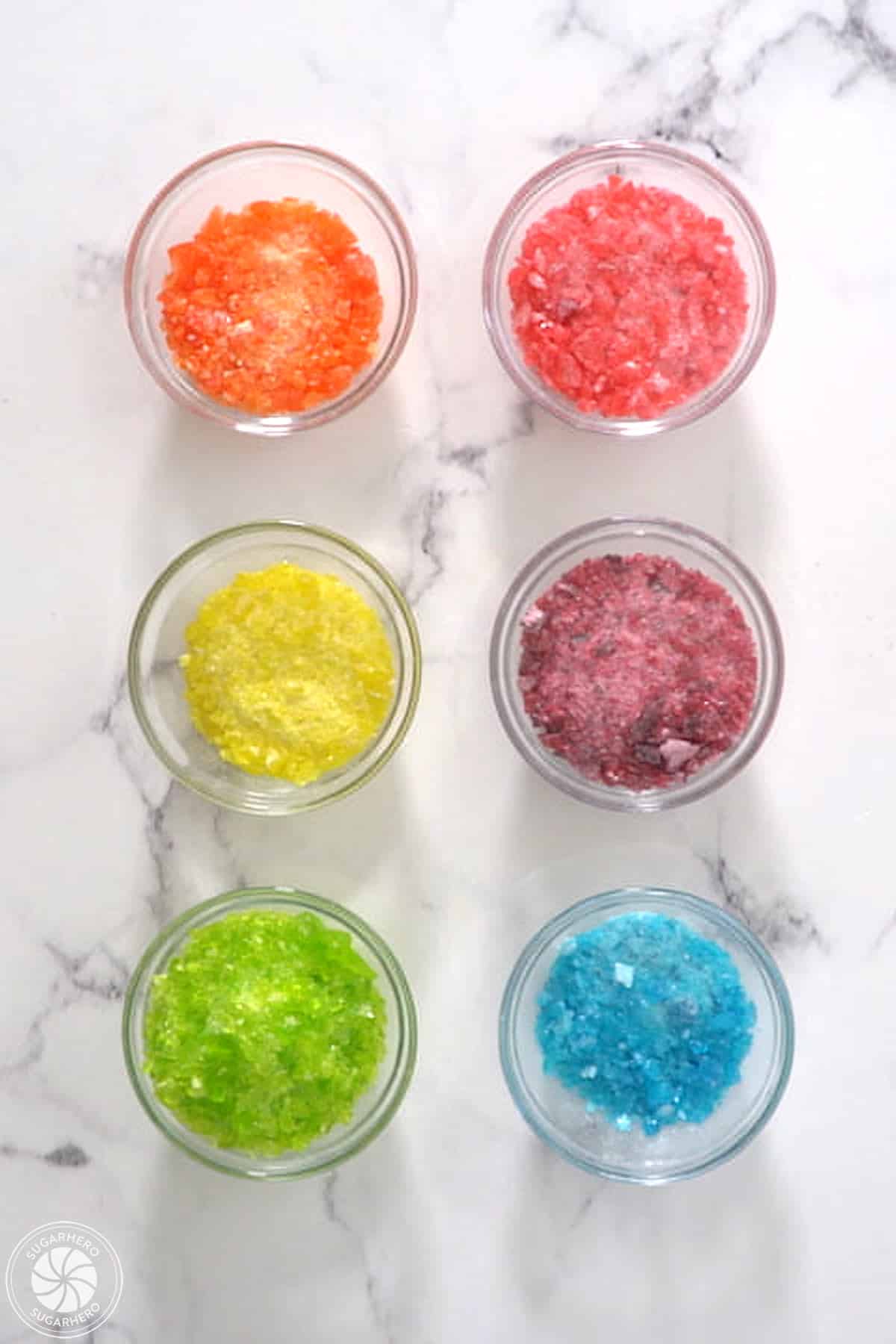 6 bowls of crushed hard candy.