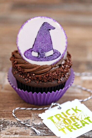 Close up of a Stamped Halloween Cupcake next to a gift tag.