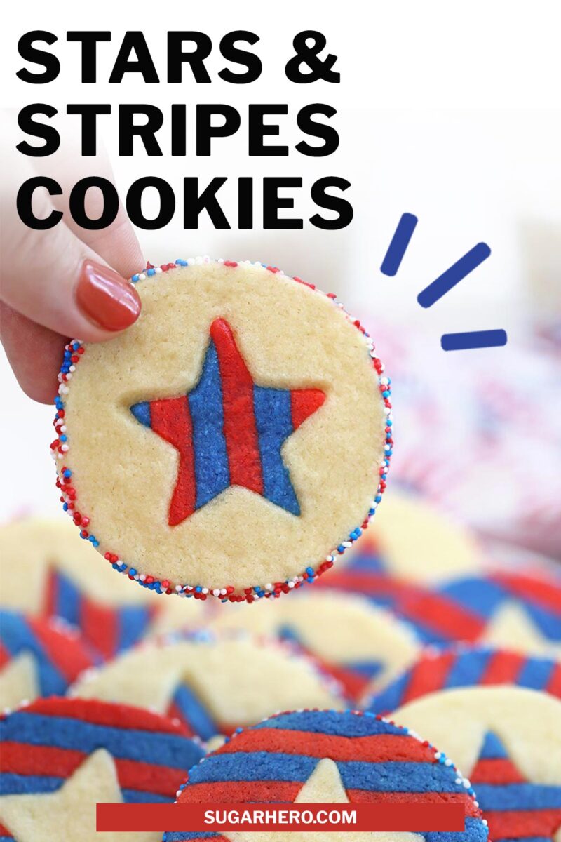 Photo of Stars and Stripes Sugar Cookies with text overlay for Pinterest.