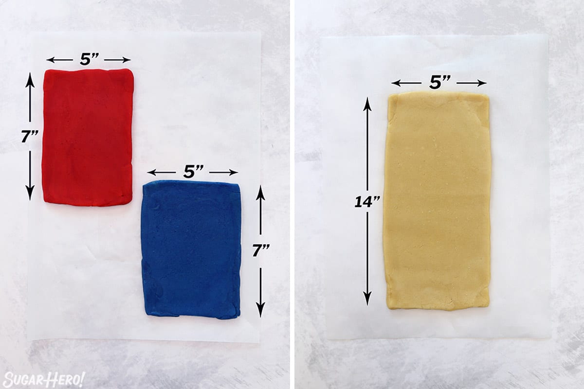 Two photo collage showing how to roll out the different colors of cookie dough.