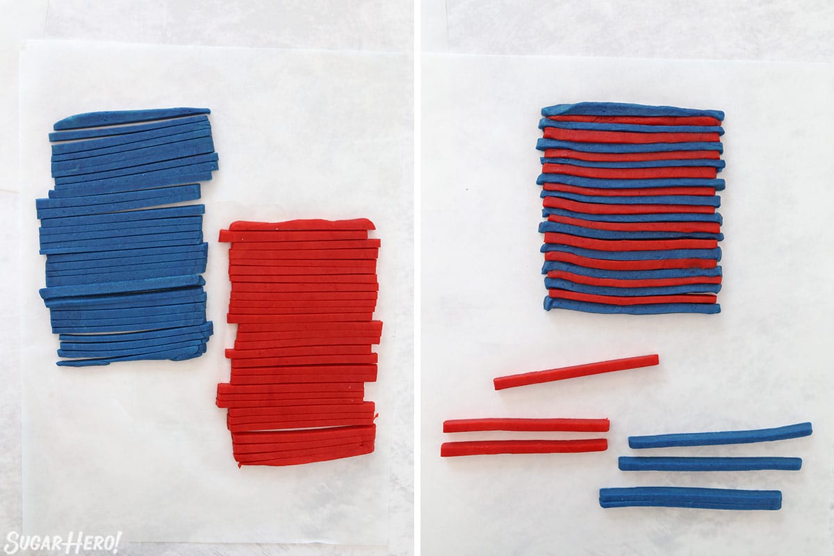 Two photo collage showing how to make striped cookie dough.