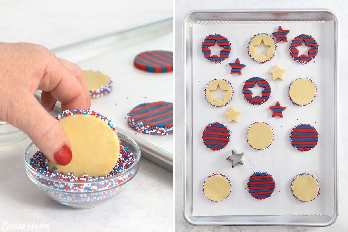 Two photo collage showing how to decorate and assemble star sugar cookies.
