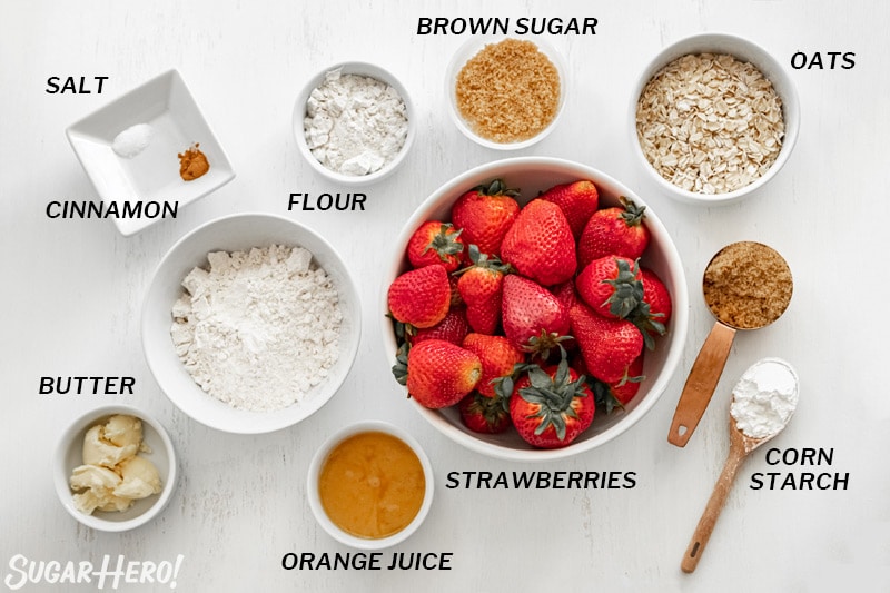Overhead shot of the ingredients needed to make a strawberry crisp.