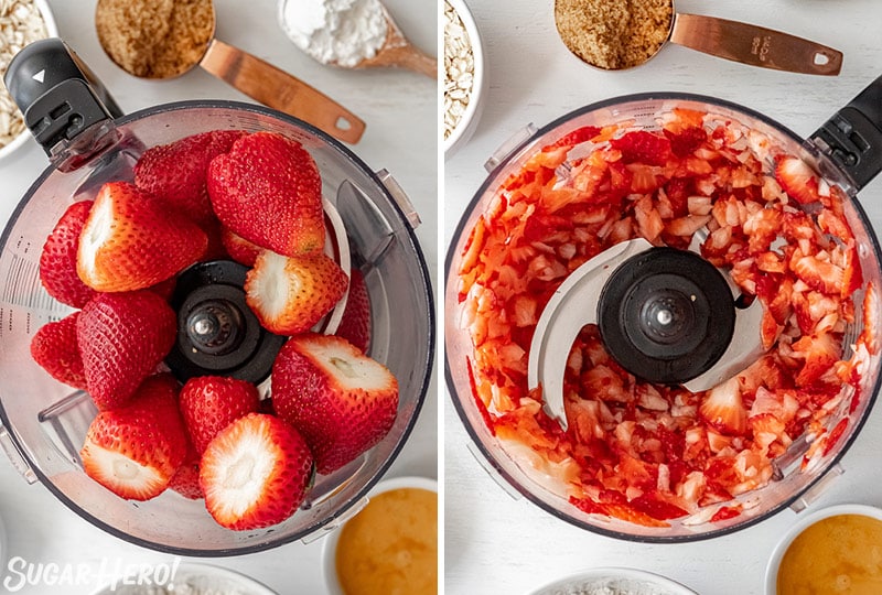 Two-photo collage showing how to puree strawberries for Strawberry Crisp.