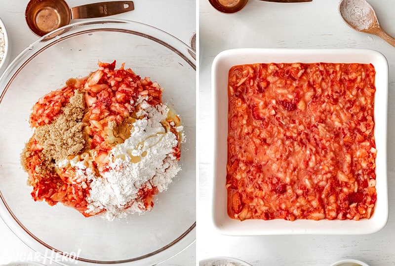 Two photo collage showing how to mix the filling for Strawberry Crisp.