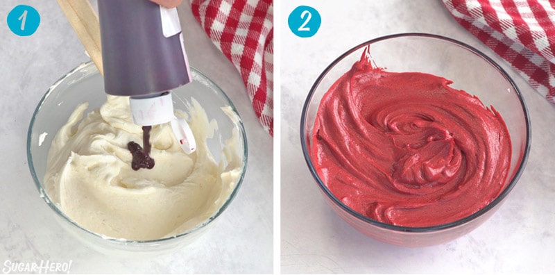 Two photo collage showing the process of dying buttercream red to look like ketchup