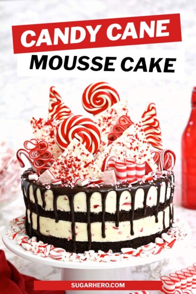 Picture of Candy Cane Mousse Cake with chocolate cake layers and overlay text for Pinterest