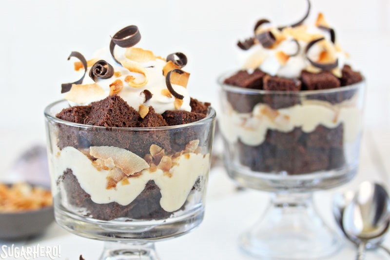Toasted Coconut Chocolate Trifles | From SugarHero.com