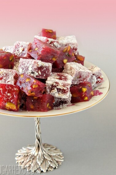 Raspberry-Pistachio Turkish Delight on a silver platter.