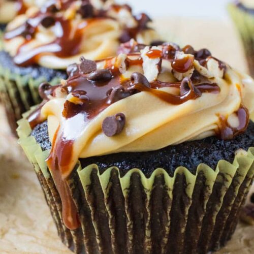 Close up of a Turtle Cupcake on a wooden surface.