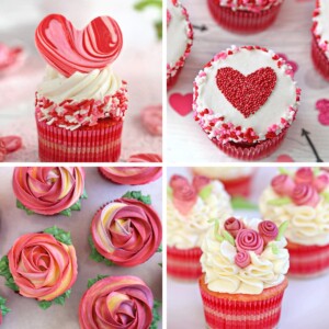 Collage of 4 Valentine's Day cupcake pictures for round up.