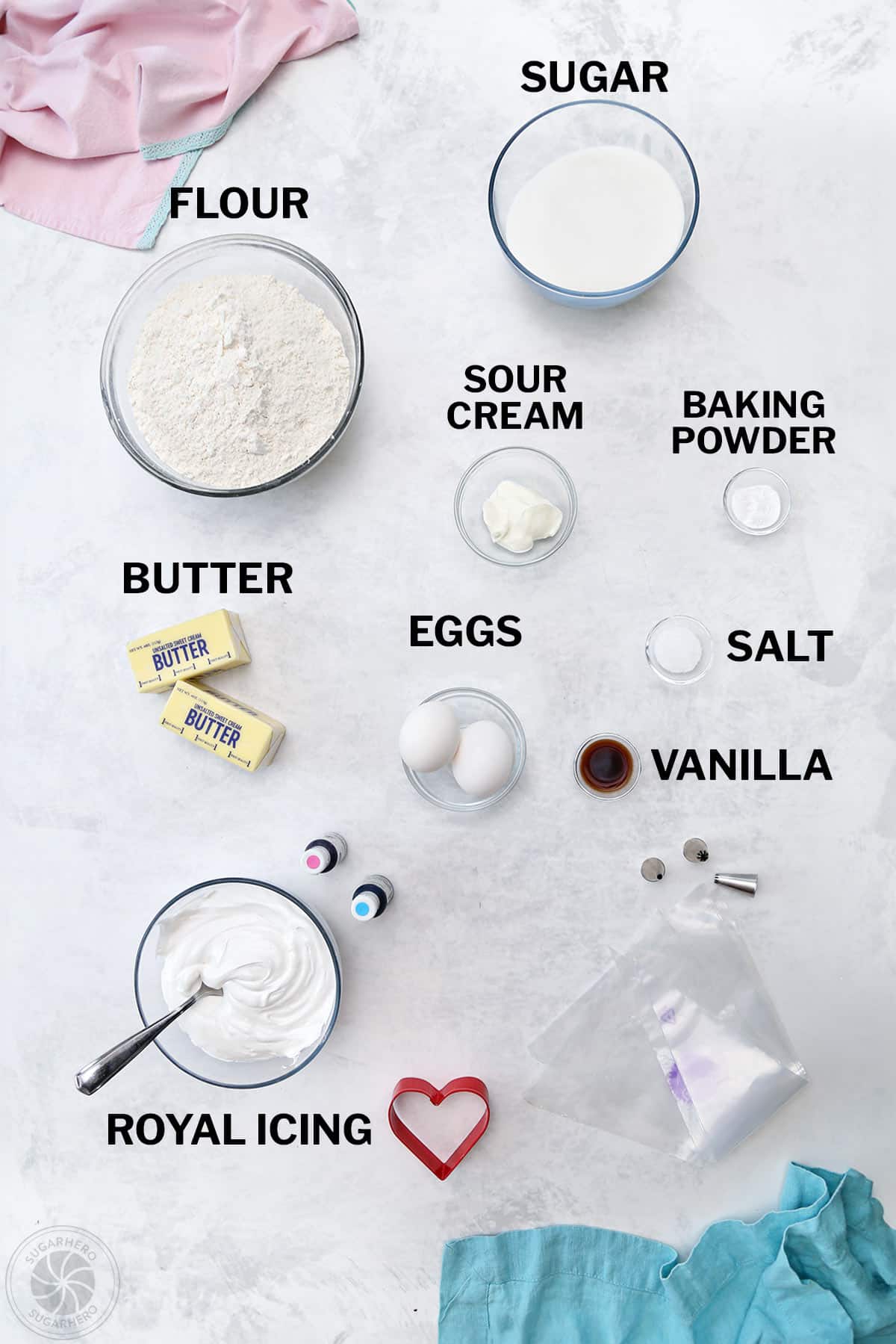 Ingredients needed to make Valentine's Day Sugar Cookies with labels.