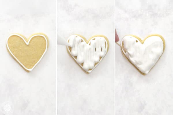 Three photo collage showing how to flood sugar cookies with royal icing.