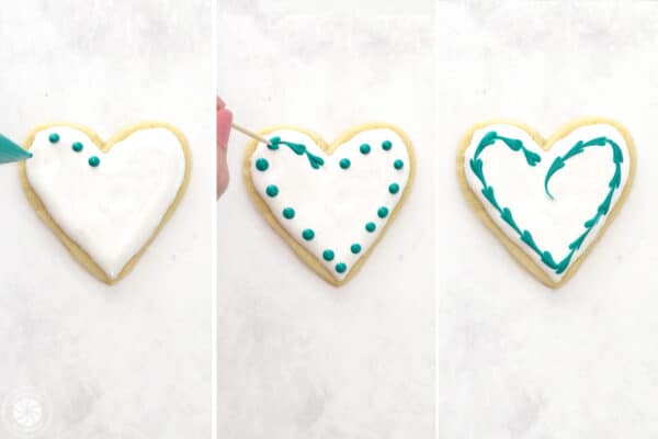 Three photo collage showing how to decorate cookies with swirled hearts.