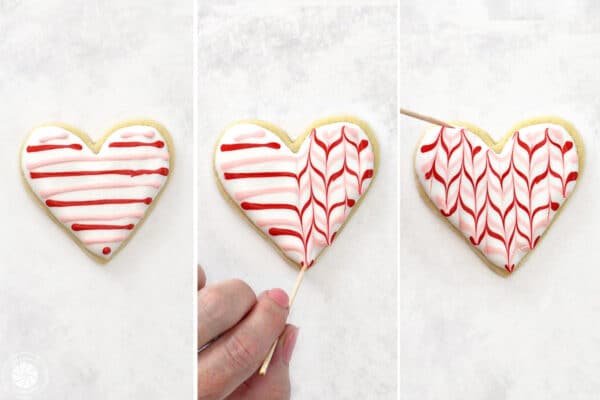 Three photo collage showing how to make a zig-zag pattern with royal icing.