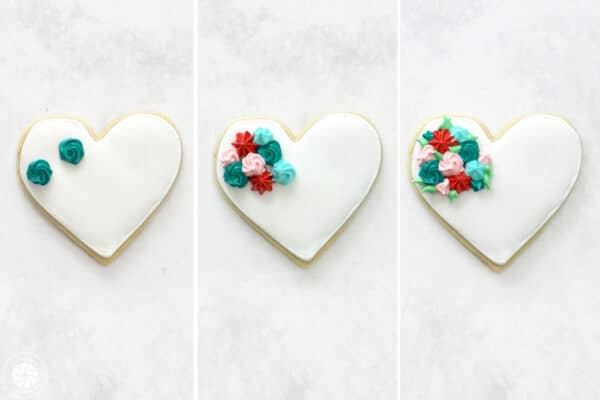 Three photo collage showing how to decorate sugar cookies with royal icing rosettes.
