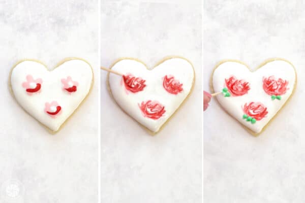 Three photo collage showing how to make an elegant rose design with royal icing.