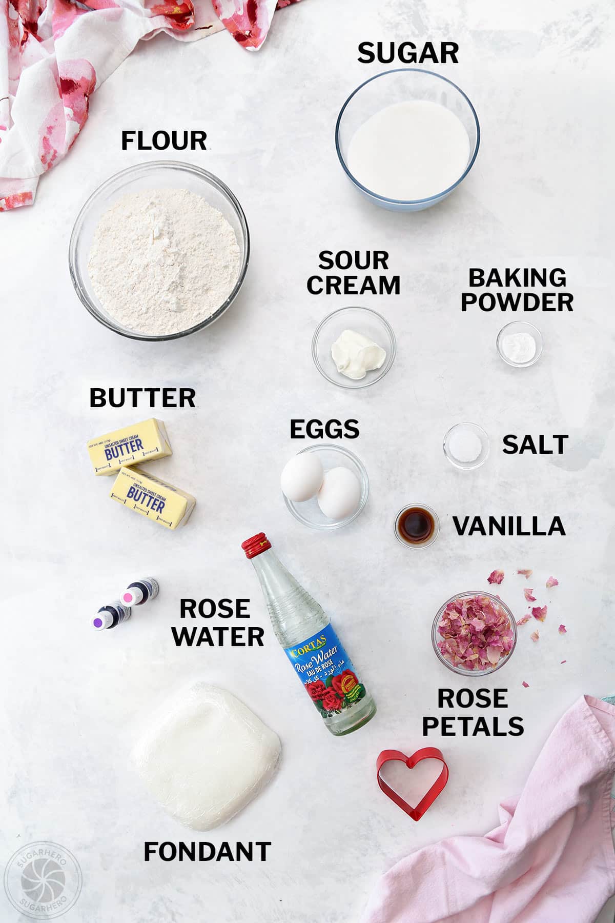 Ingredients for Watercolor Rose Sugar Cookies with text labels.