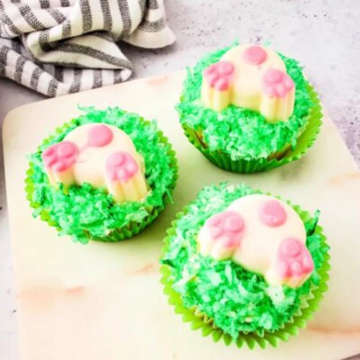 Image of 3 white chocolate bunny butt cupcakes for the Easter Cupcake round up.