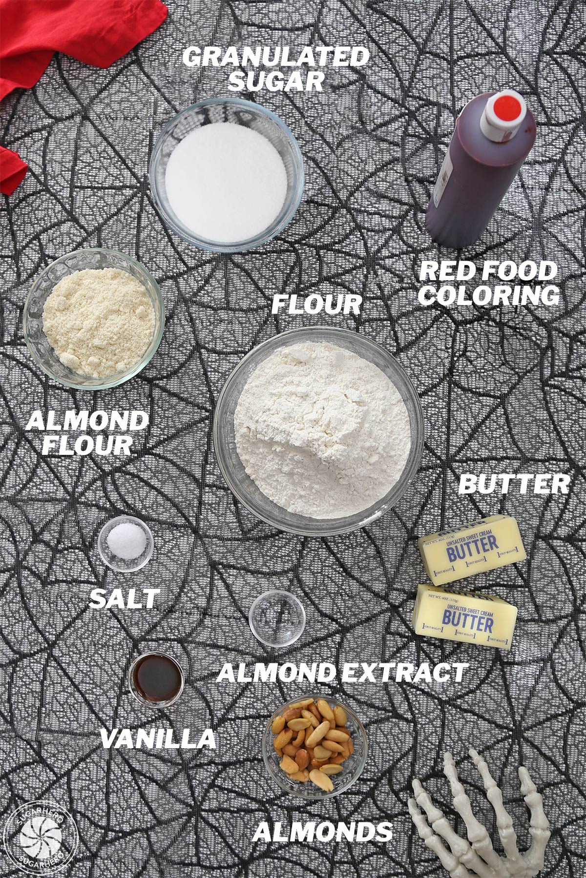 Overhead shot of ingredients needed to make Witch Finger Cookies.
