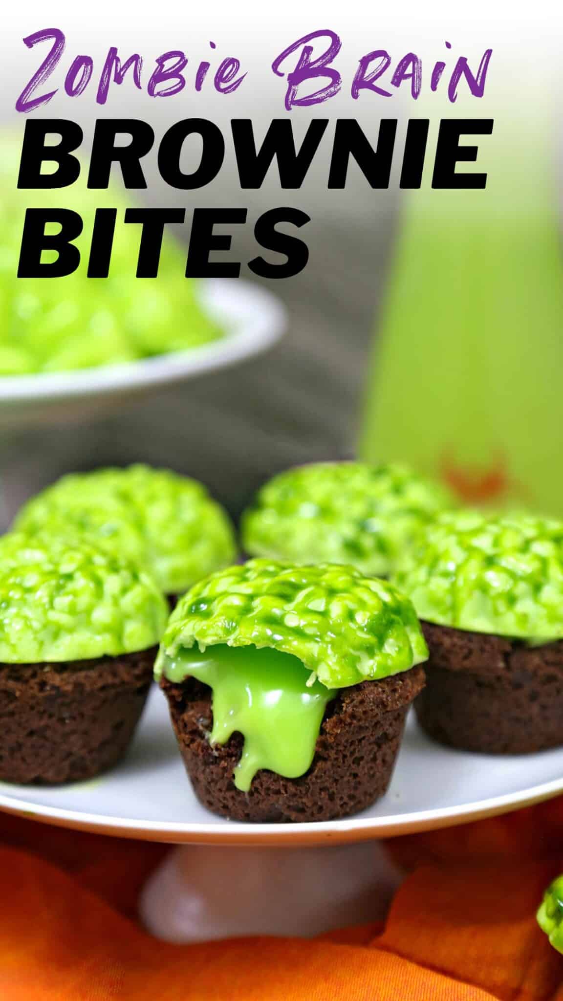 1 photo of Zombie Brain Brownie Bites with text overlay for Pinterest.