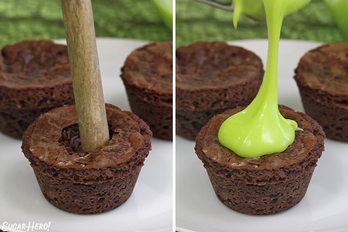 2 photo process picture of creating a hole in the brownie bite and filling it with ganache "slime" for Zombie Brain Brownie Bites.