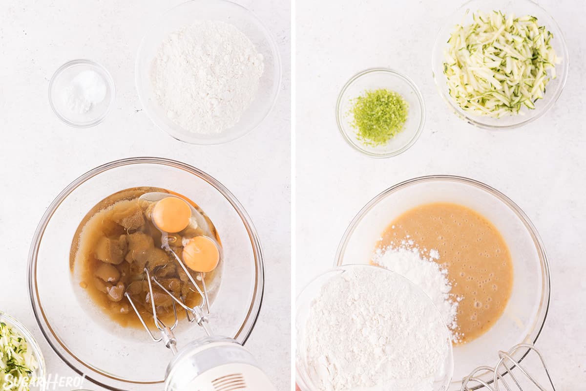 Two-photo collage showing how to mix the ingredients to make zucchini cupcakes.