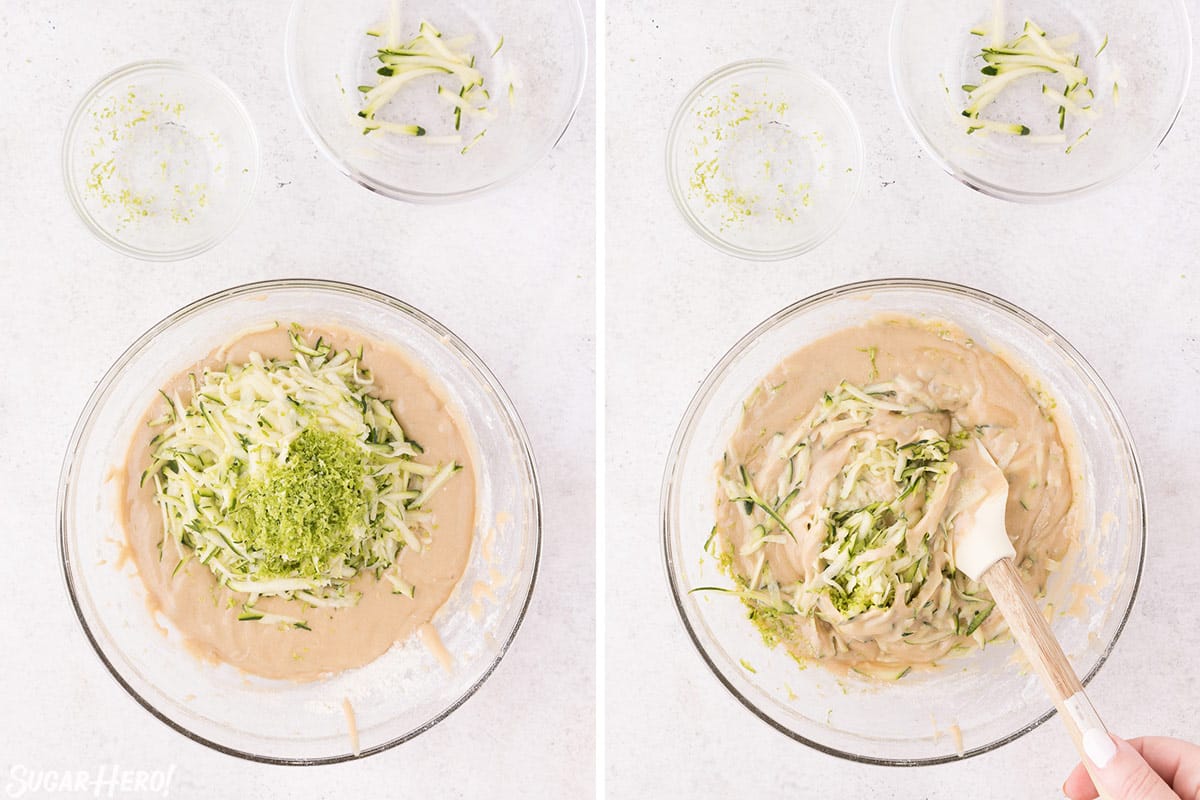 Two-photo collage showing how to add grated zucchini and lime zest to zucchini cupcake batter.